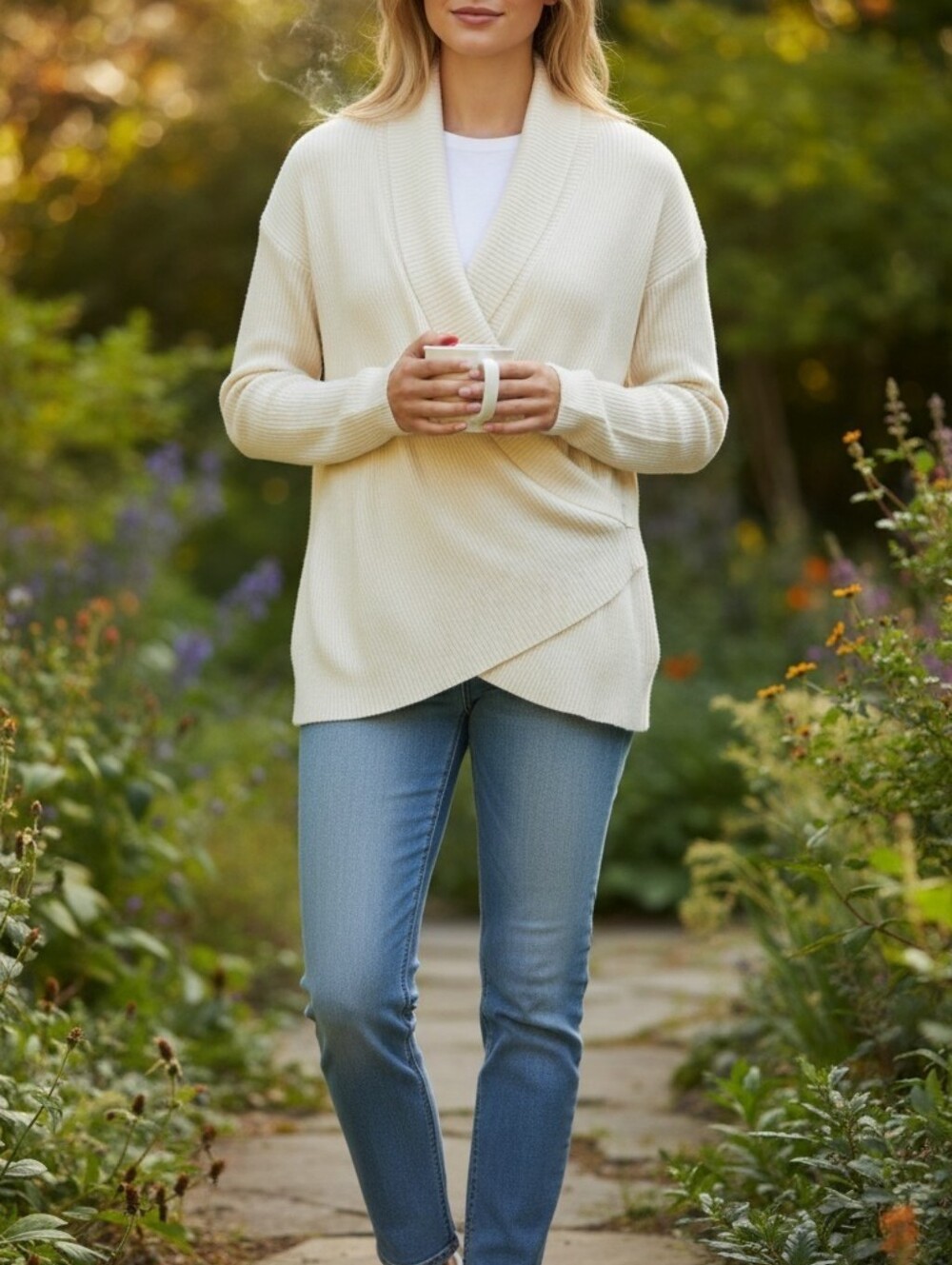 Lands' End Cream Wrap-Front Shawl Collar Sweater